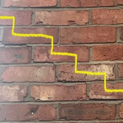 Picture of a recent survey in Newcastle Upon Tyne, showing cracking stepping. A common sign of wall tie failure
