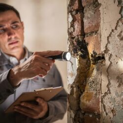 Independent damp survey in the North East showing a surveyor inspecting a damp and damaged internal wall for moisture and structural defects.